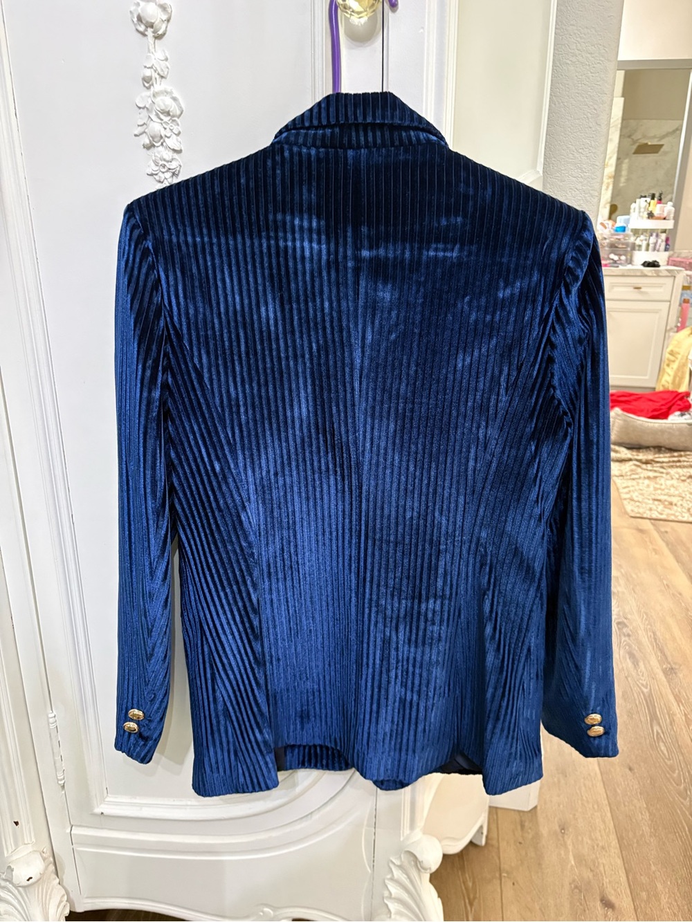 Navy Blue Velvet Ribbed Blazer